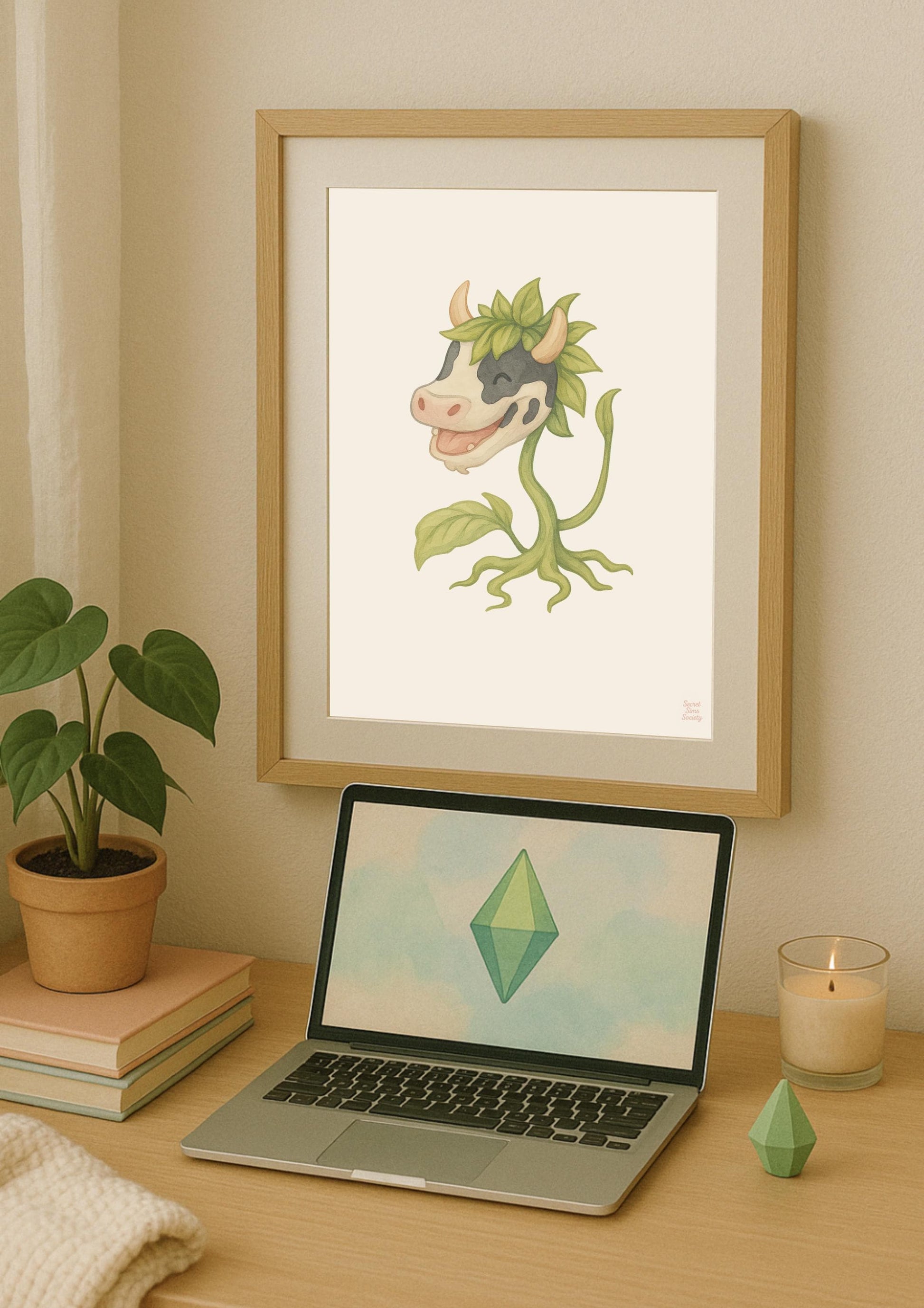 Cowplant Wall Art Print – Sims-Inspired Gamer Decor
